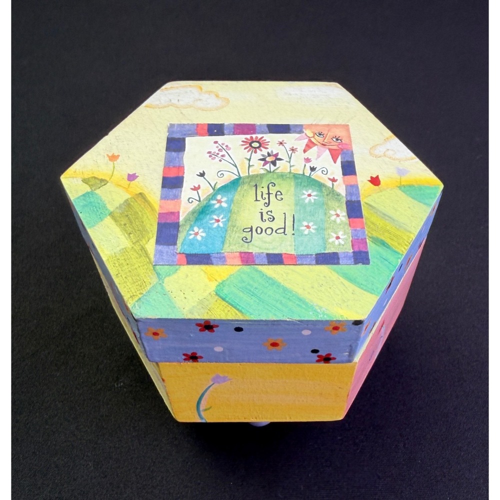 Natural Life is Good Wood Trinket Box Hexagon Yellow Floral Whimsical Decor